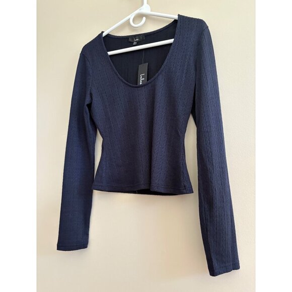 Lulus NWT Simple Adoration Pointelle Scoop Neck Sweater in Navy Blue Size Medium - Picture 3 of 12